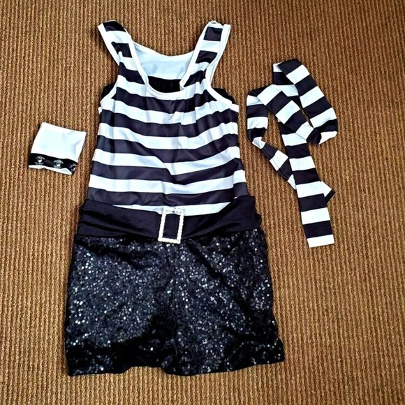 JAZZ DANCE COSTUME SMALL ADULT 12-16 YO WHITE BLACK STRIPES  REVOLUTION DANCEWEA - Picture 1 of 6